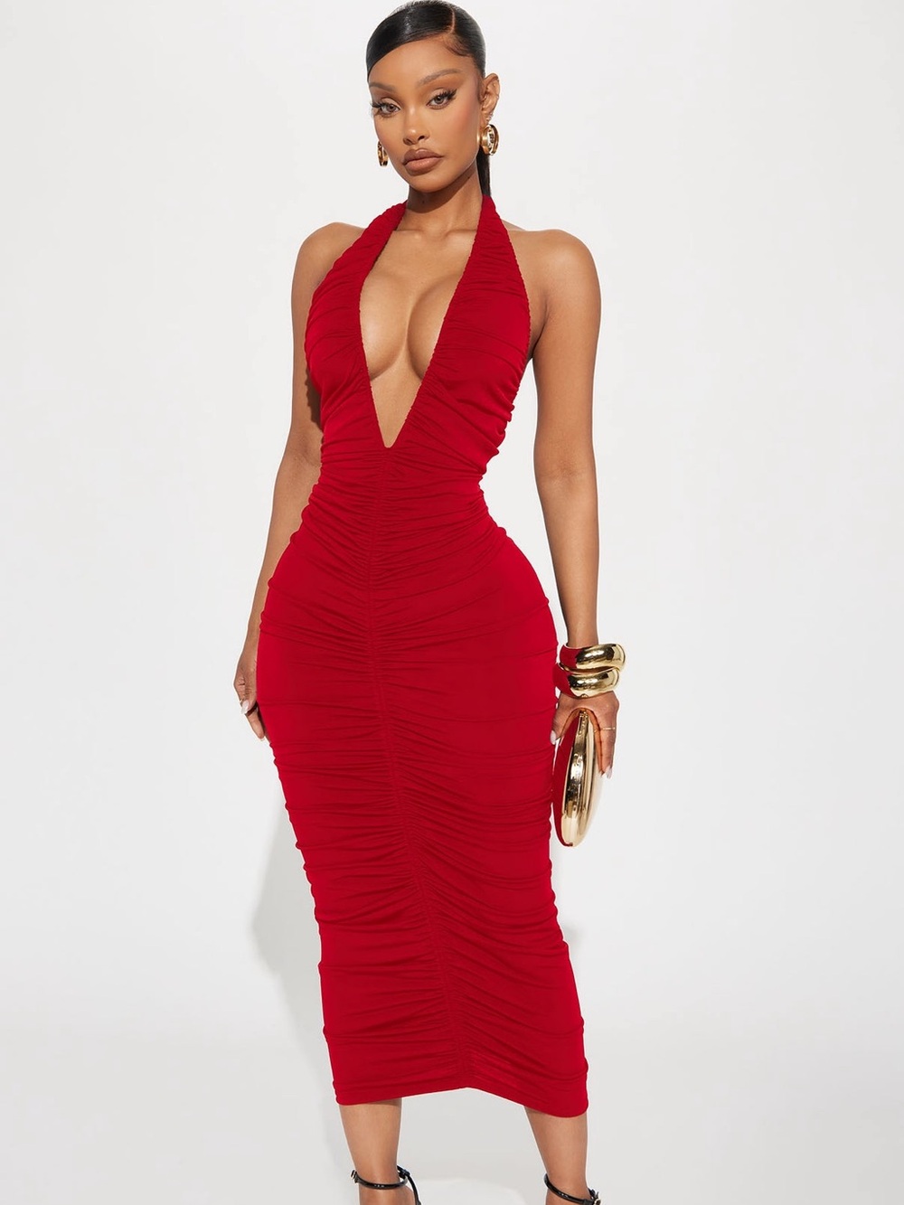 Fashion Nova Red Plunging Halter Ruched Midi Dress